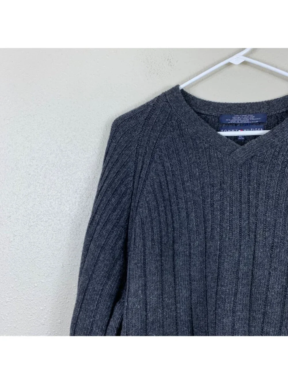 VTG Y2K Tommy Hilfiger Sweater Mens XL Grey Lambswool V Neck Preppy 00s